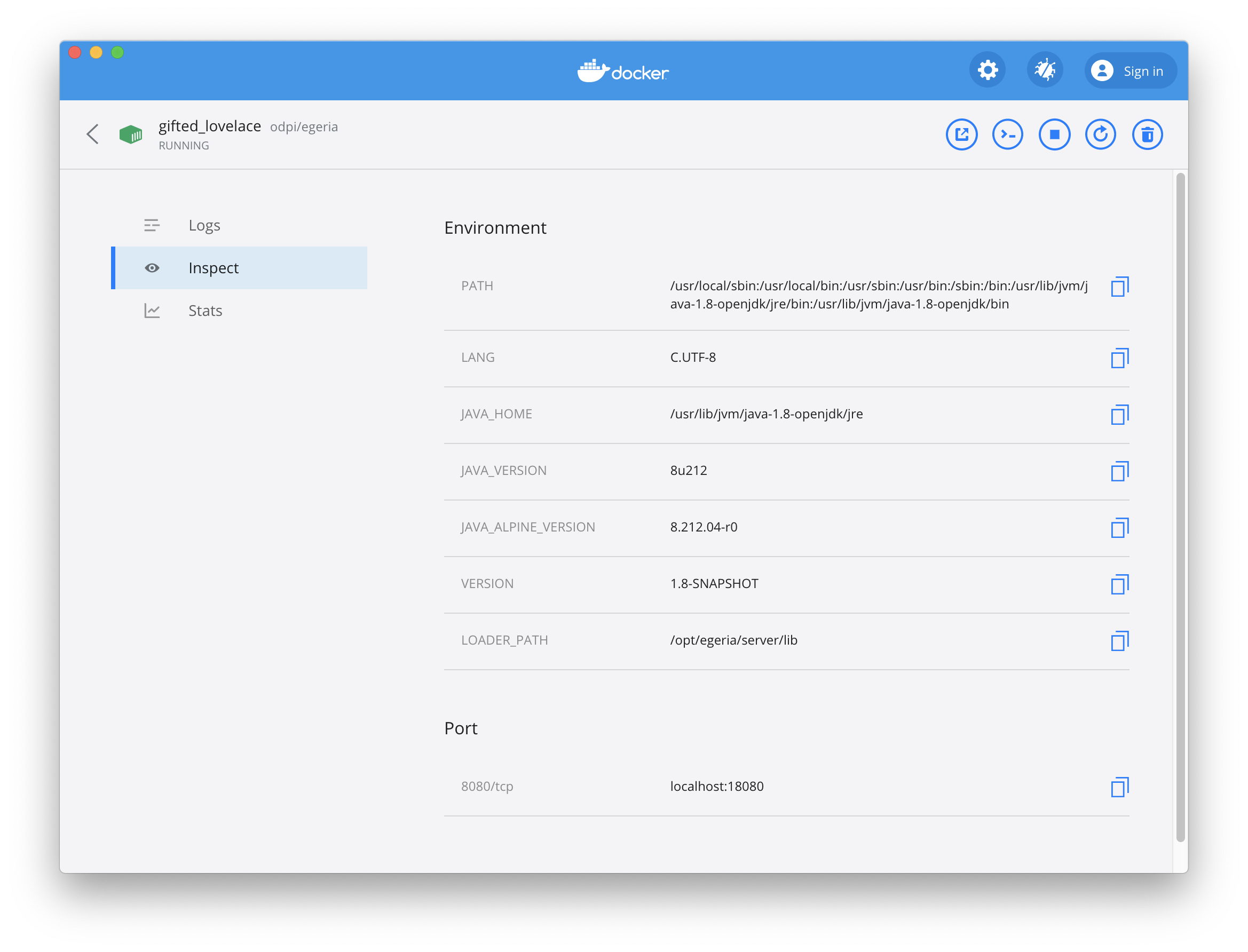 Docker container settings